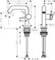 Waschtischmischer von Hansgrohe mit Einhebelsteuerung, abgerundetem Auslauf und Anschlüssen. Sichtbare Maße und Befestigungsdetails auf technischem Diagramm abgebildet.